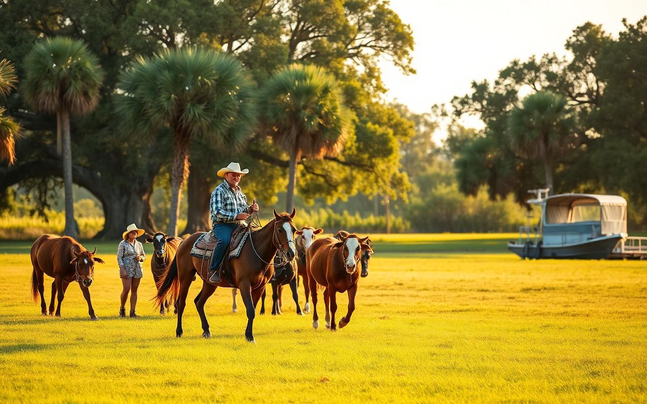 Florida cracker cowboy on horseback with cattle in a pasture, an airboat at a dock in the distance.