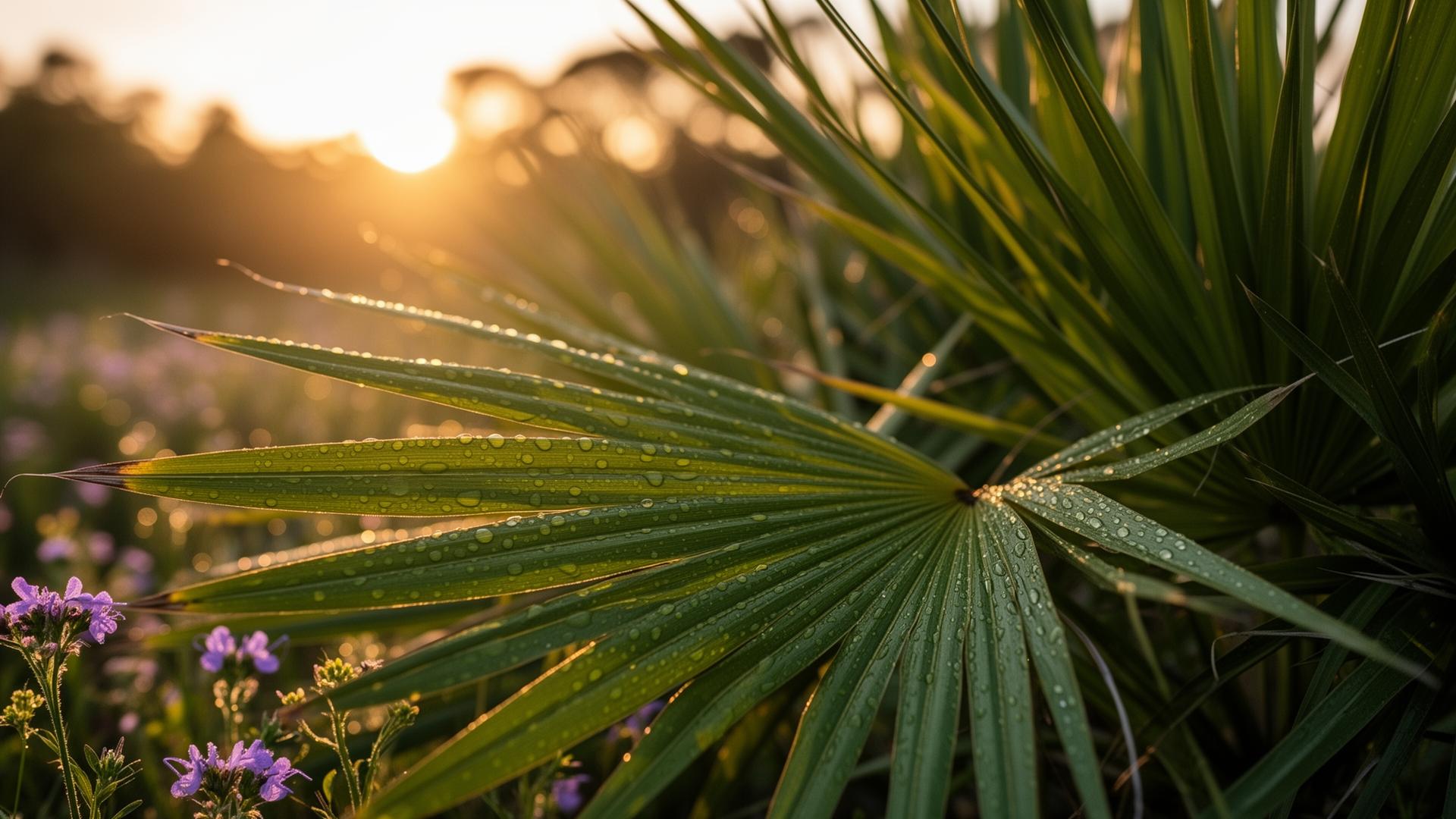 Saw palmetto fronds and wildflowers at sunrise