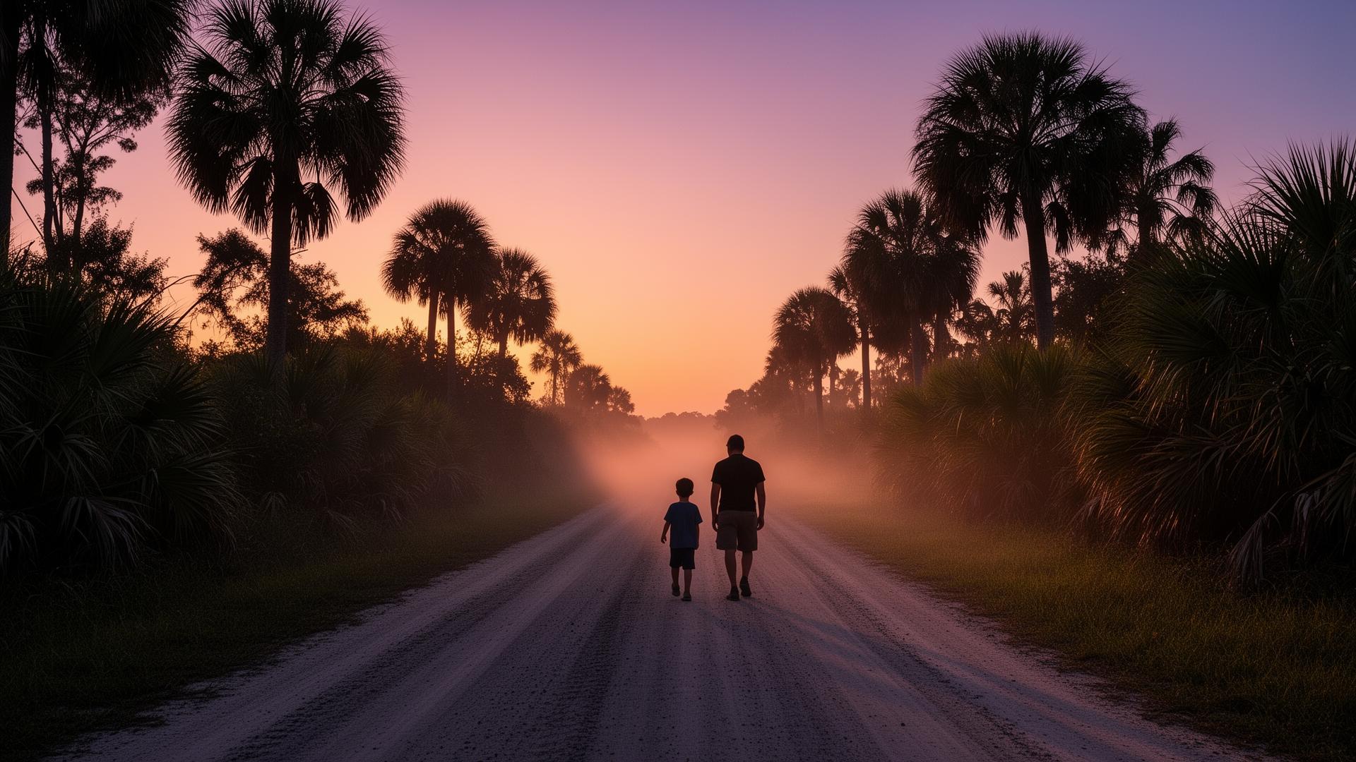Parent and child walking down a rural Montura road at dusk