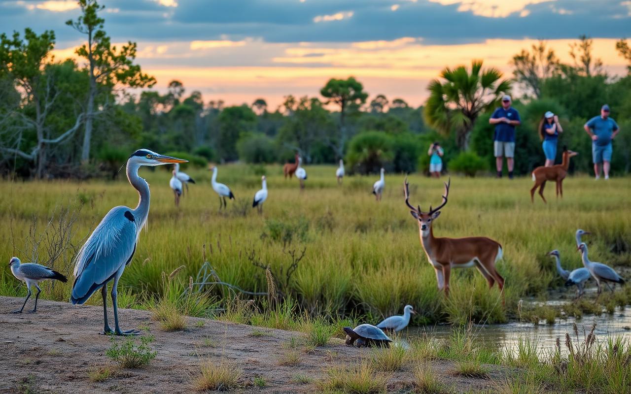 Florida wetland at sunset with great blue heron, sandhill cranes, a deer, and a gopher tortoise.