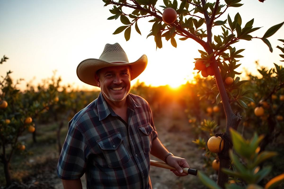 Hendry rancher in a citrus grove at golden hour.
