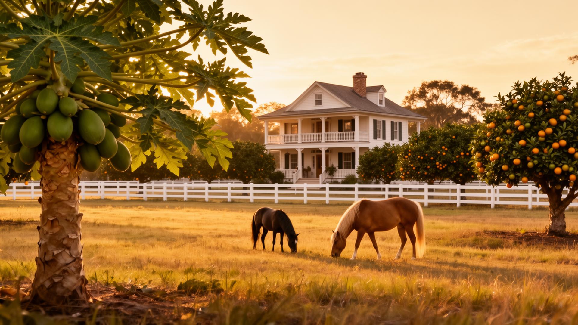 Golden-hour Hendry ranch with papaya tree, citrus, white fence, and horses grazing.
