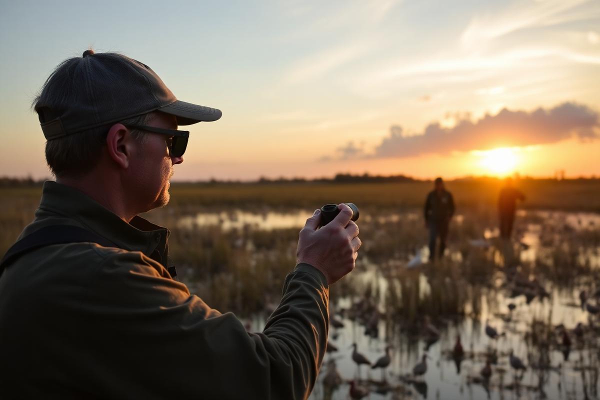 Wildlife biologist watching wading birds in a Florida wetland at sunset.