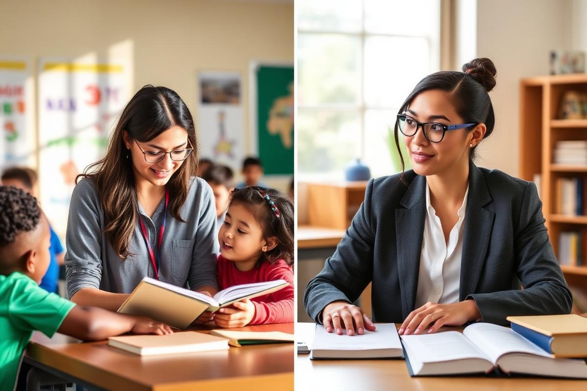 Teacher's aide reading with children and a paralegal at her desk.