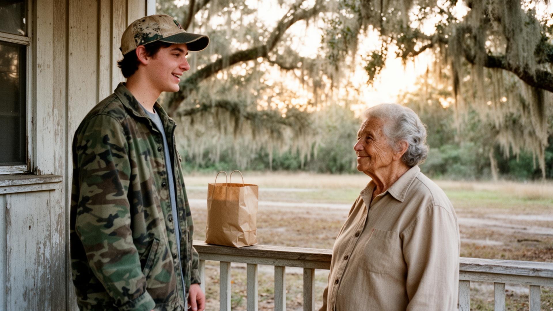 A young hunter in camouflage bringing groceries to an elderly neighbor on his front porch