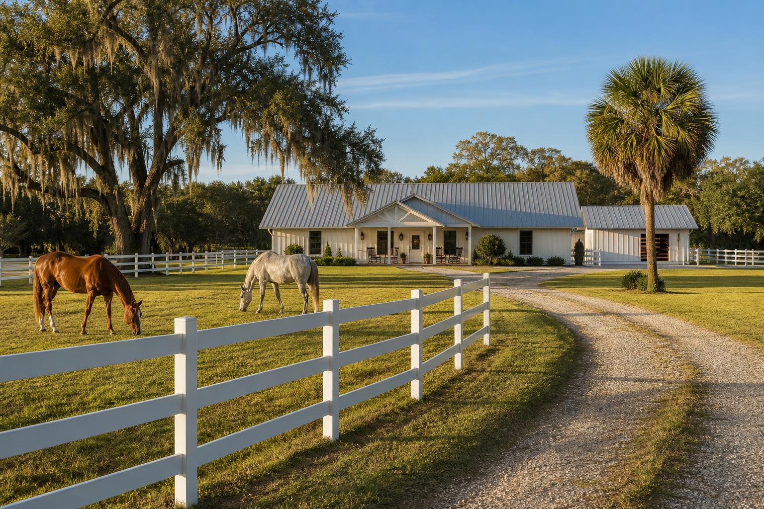 Tropical Everglades farm and ranch in Montura at golden hour