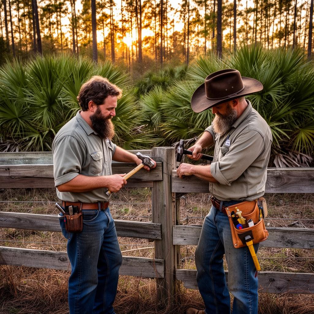 Two bearded ranchers repairing a wooden pasture fence together at golden hour