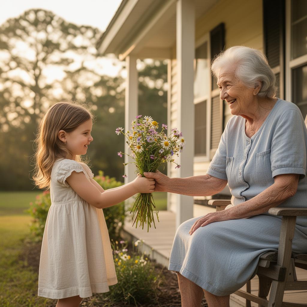 A small girl handing a bouquet of wildflowers to a smiling elderly neighbor on her front porch