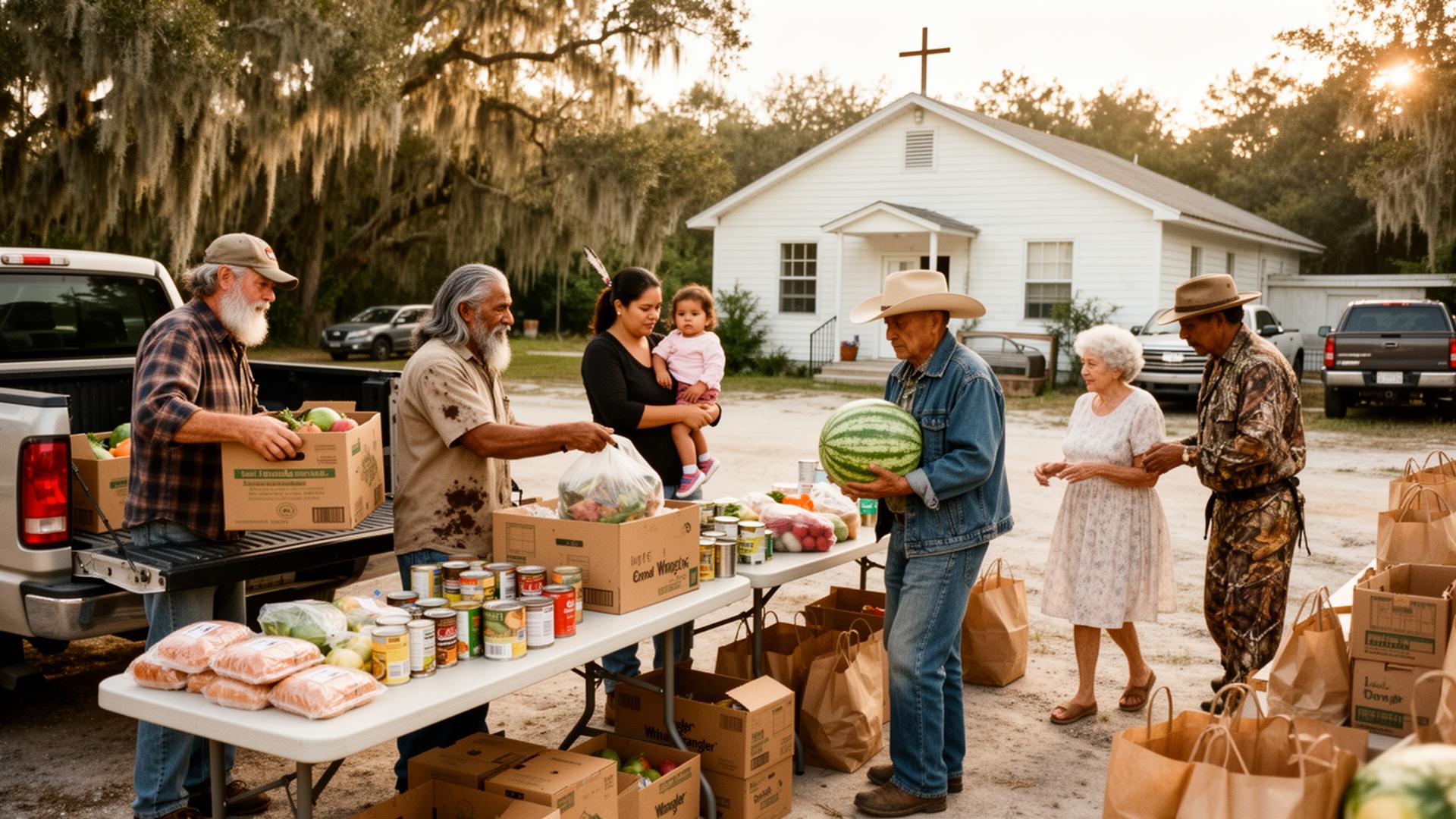 Pastors and volunteers handing boxed food and produce to a family outside a small country church