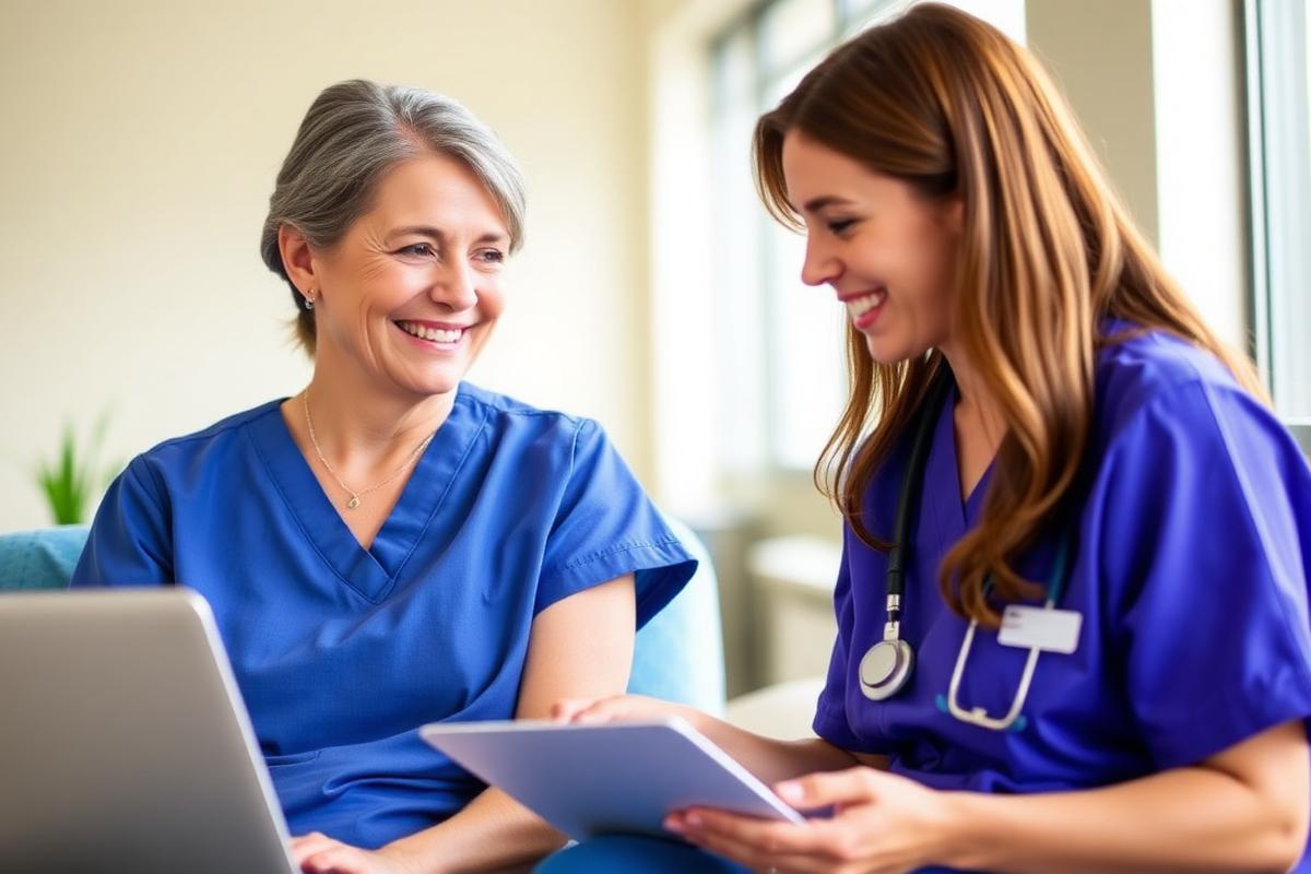 Smiling nurse helping a patient at a tablet — healthcare careers.