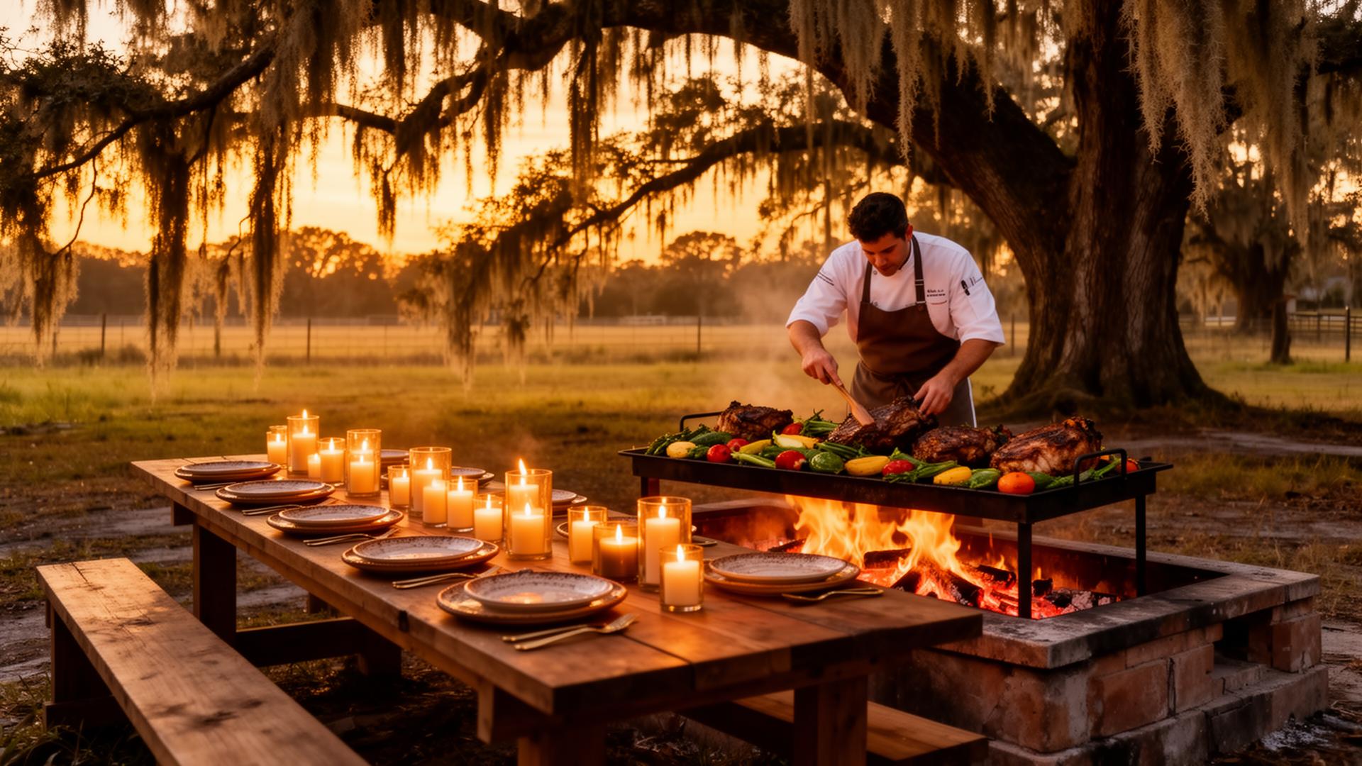 Chef tending an open-fire grill beside a long candlelit table under moss-draped oaks at sunset.