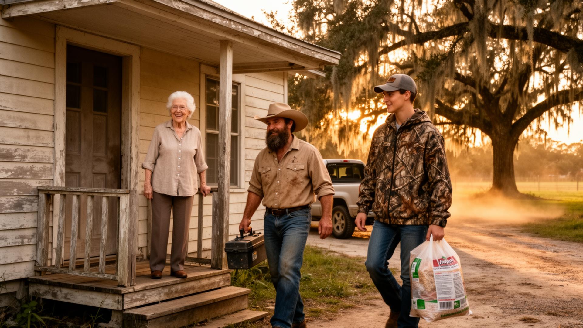 A bearded country man and a young hunter helping an elderly woman down her porch steps in rural Montura at golden hour
