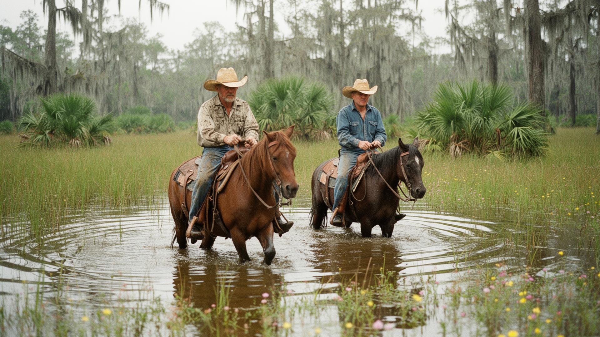 Florida cracker cowboys riding through Everglades wetlands at golden hour