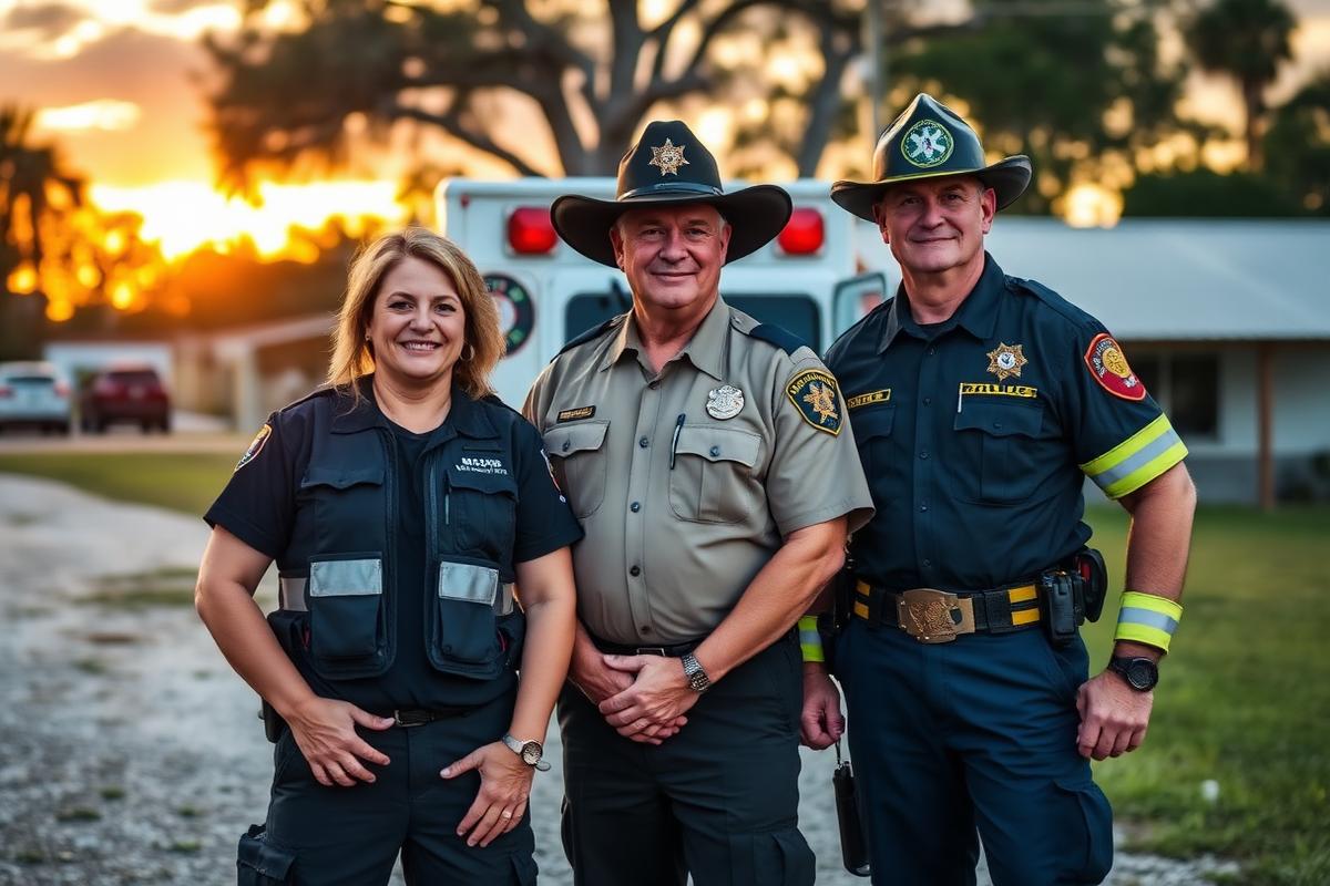 EMT, sheriff deputy, and firefighter standing proudly at sunset.