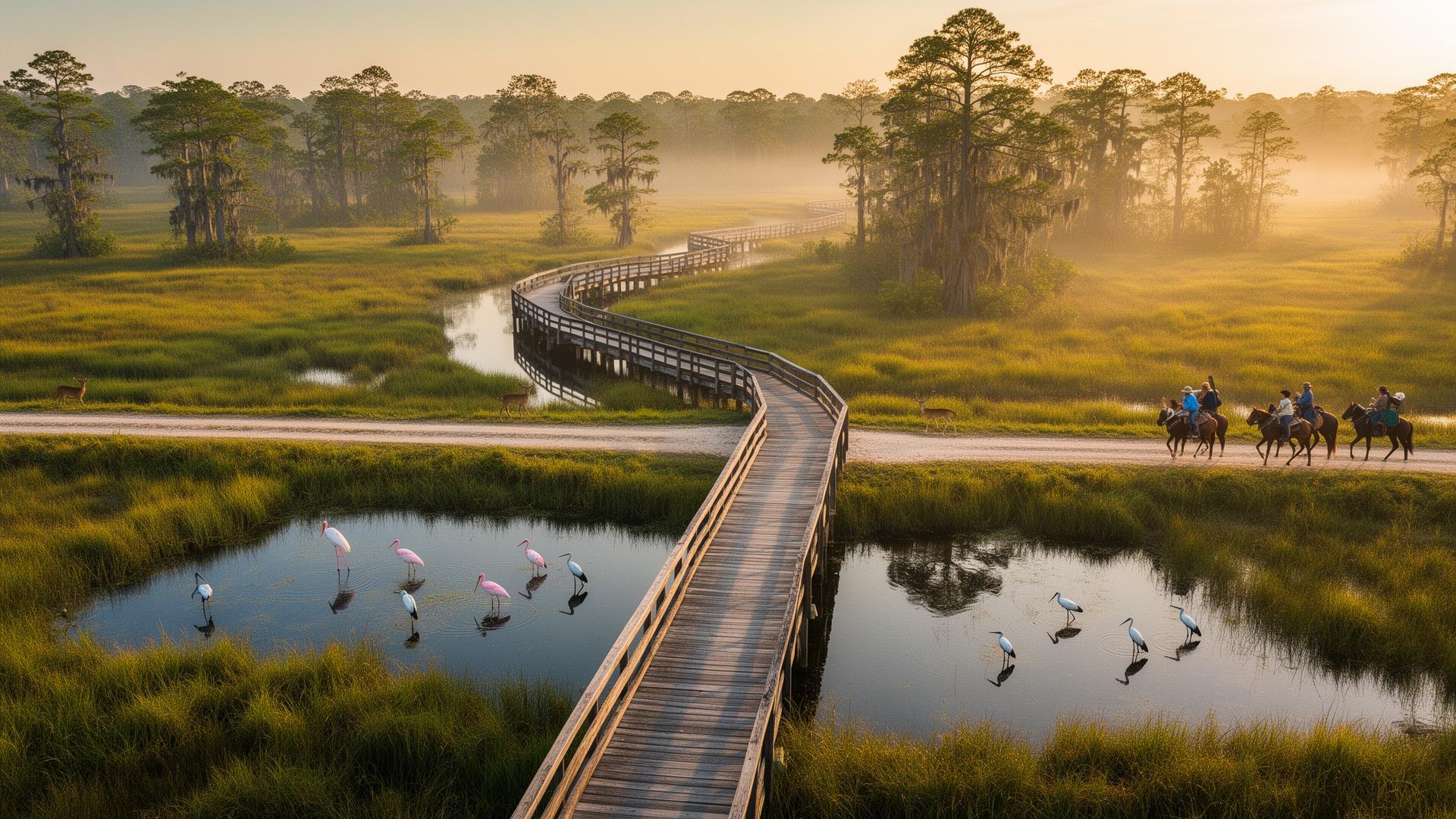 Aerial view of a wooden boardwalk winding through Everglades wetlands with wading birds, deer, and horseback riders at misty sunrise