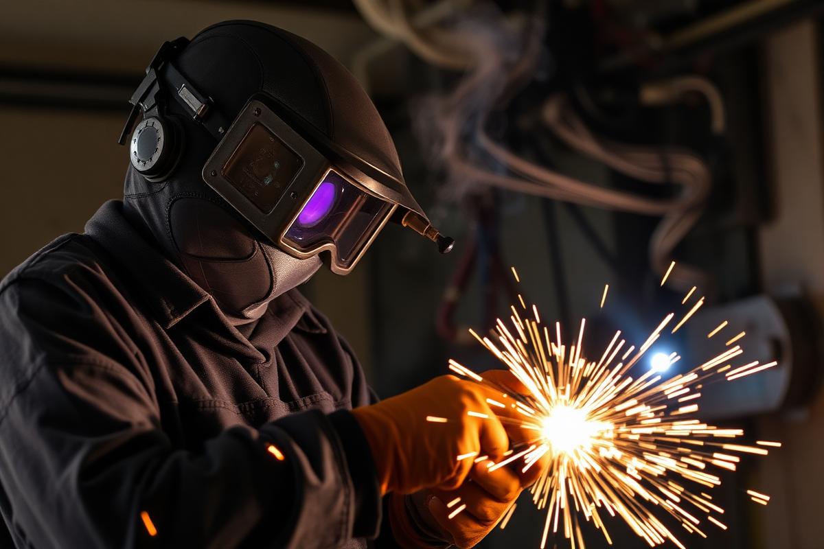 Welder in protective gear with bright sparks flying.
