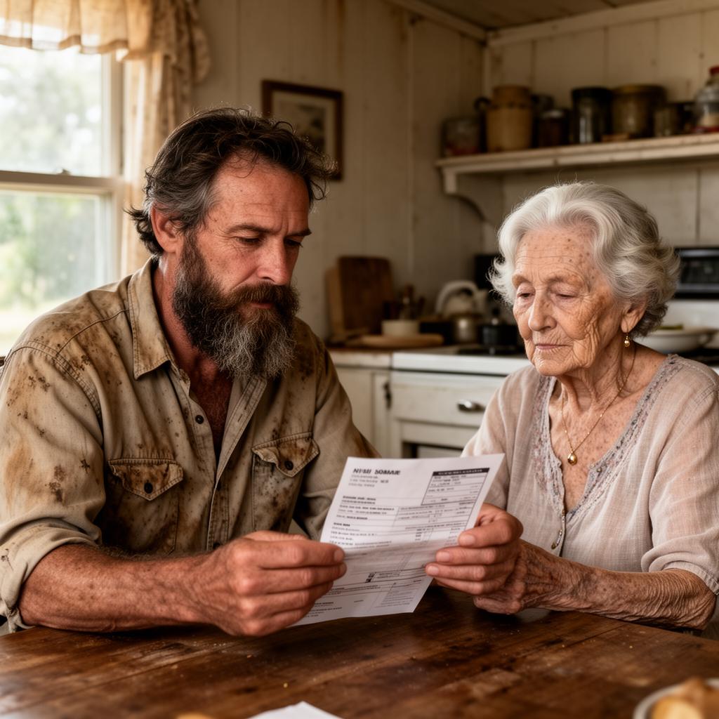 A bearded country man helping an elderly woman read a utility bill at her kitchen table